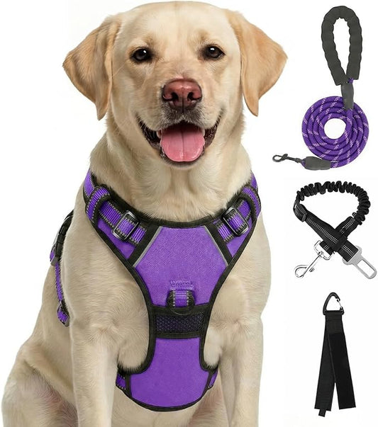 FURRYFECTION Plaid Dog Harness for Large Dogs, Reflective No Pull Adjustable Pet Vest with Front Clip, Leash, Easy Control Handle and Seat Belt, Purple, XL