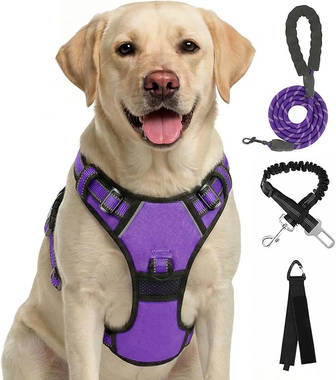 FURRYFECTION Plaid Dog Harness for Small Dogs, Reflective No Pull Adjustable Pet Vest with Front Clip, Leash, Easy Control Handle and Seat Belt, Purple, S