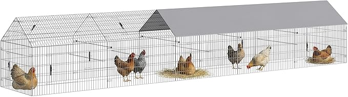 PawHut Metal Chicken Coop, Large Chicken Run with Water-Resistant & Anti-UV Cover for 7-9 Hens, Outdoor Hen House Rabbit Hutch with 10 Doors for Duck, Small Animal, for Backyard, 21' x 3.5' x 3.6'