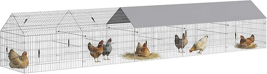PawHut Metal Chicken Coop, Large Chicken Run with Water-Resistant & Anti-UV Cover for 7-9 Hens, Outdoor Hen House Rabbit Hutch with 10 Doors for Duck, Small Animal, for Backyard, 21' x 3.5' x 3.6'