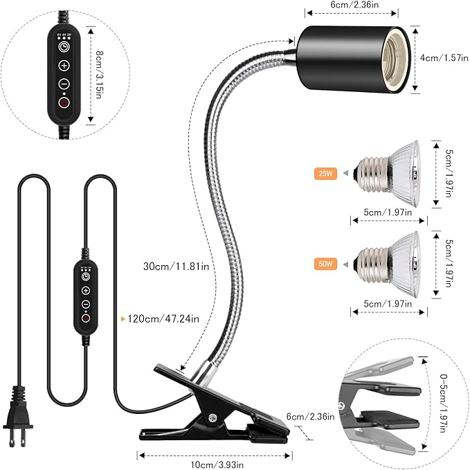 Reptile Heat Lamp, UVA UVB Reptile Light with 360° Rotatable Hose and Timed, Heating Lamp with 2 Bulbs Suitable for Bearded Dragon Reptiles Turtle Lizard Snake (Heat Lamp 25w/50w Bulb)