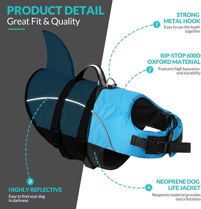 Queenmore Small Dog Life Jacket,Shark Dog Life Vest for Swimming,Puppy Light Life Preserver for Boating Kayaking Canoeing,Pet Lifesaver with High Buoyancy,Rescue Handle,Leash Hook (Peacock Blue,XS)