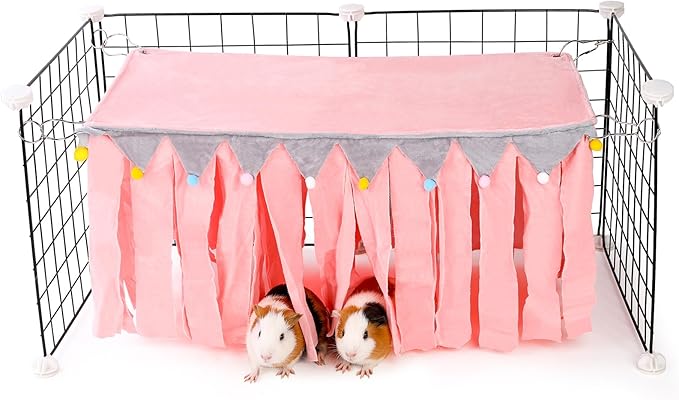 Guinea Pig Hideout - Guinea Pig Corner Hideout, Four-Sided Fringes, Rectangular Top and Washable Hides, Suitable Hides for Guinea Pigs and Rabbit, No Metal Fences, Pink