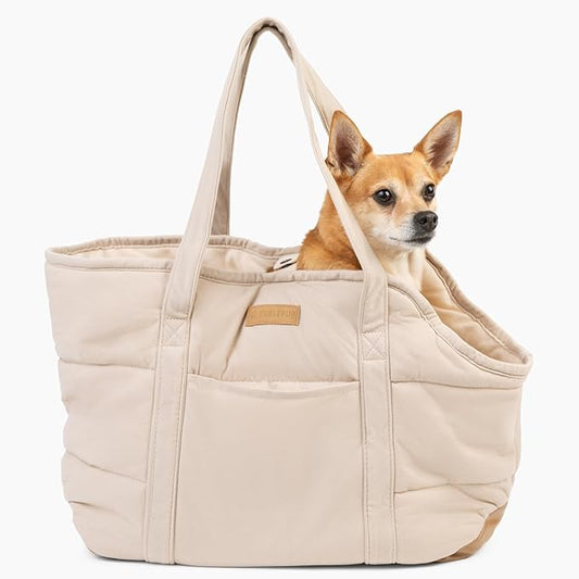 Plush Dog Purse Carrier for Small Dogs, Soft Tote Bag with Safety Harness Clip, Cozy Pet Carrier for Dogs Under 15 lbs, Comfortable Dog Shoulder Carrier for Travel, White 2.0