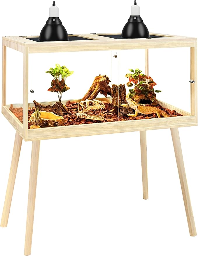 PROLEE Bearded Dragon Tank with Leg Stand 34 Gallons, Wooden Lizard Tank,Reptile Tank with Metal Mesh Roof Door, Acrylic Panel Snake Tank with Lock Design (Oak, 32"x16"x16")