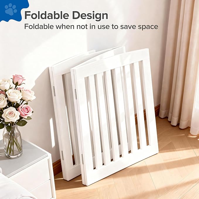 DUMOS Pet Gate for Dogs and Cats, 24 Inch 4 Panels Foldable Wooden Freestanding Dog Gate with Hinge Design, Indoor Portable Extra Wide Dog Fence Pet Barrier for Doorways, Stairs, Kitchen, White