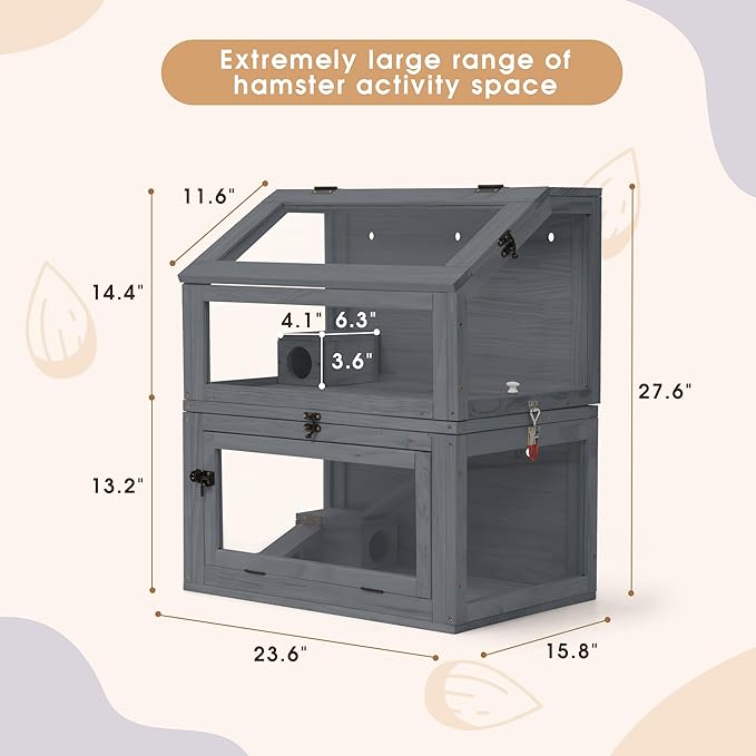 COZIWOW 2-Tier Wood Hamster Cage, Guinea Pig House with Hideouts, Ramps, Acrylic Window, Door Access, Detachable Squirrel Cage for Hedgehogs Gerbils Mice Small Animals, Gray