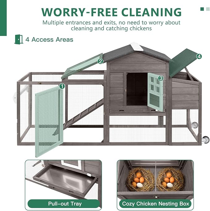 158" L Large Chicken Coop with Run, Mobile Chicken Hen House with Wheels, Nesting Boxes, Outdoor Rabbit Hutch, Poultry Cage for Chickens Ducks Bunny with Removable Tray, Ramp (Grey)