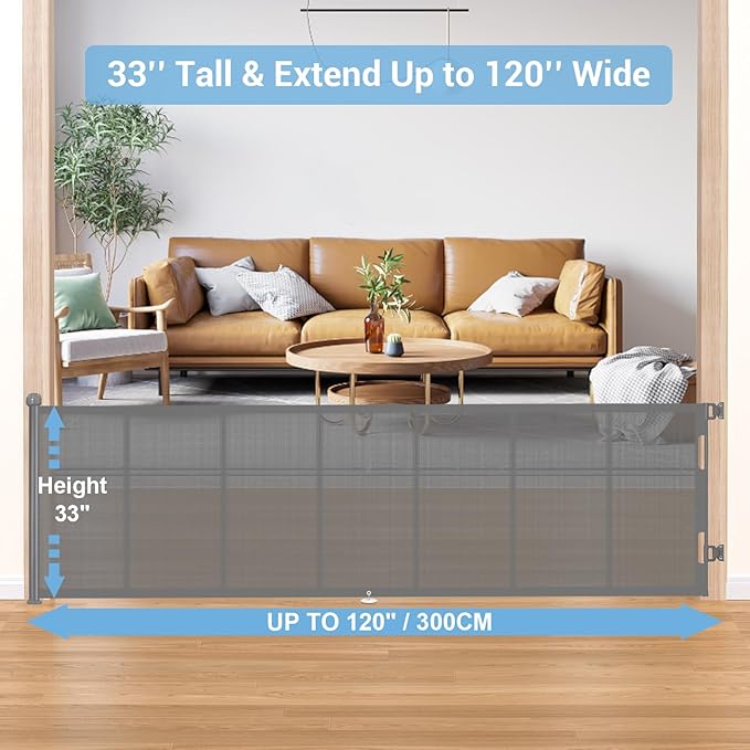 HAMOPY 120 Inch Reinforced Strip Extra Wide Retractable Baby Gate, 33" Tall, Prevent Crawling Through, Wide Extra Long Child Safety Gate for Indoor Baby Fence, Outdoor, Stairs, Deck(Grey)