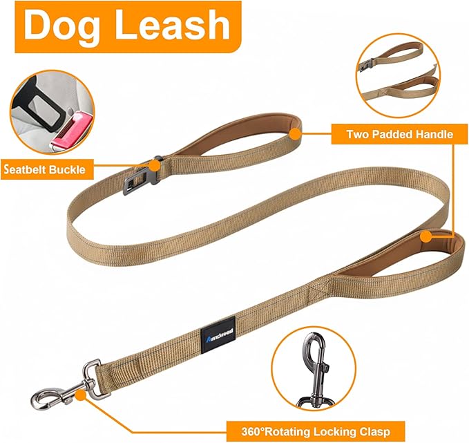 Annchwool No Pull Dog Harness,Heavy Duty Reflective Collar & Leash Set-Leash with Double Handle & Car Seatbelt Clip-Easy Control for Walking Training Medium Large Size Dogs(Brown,L)