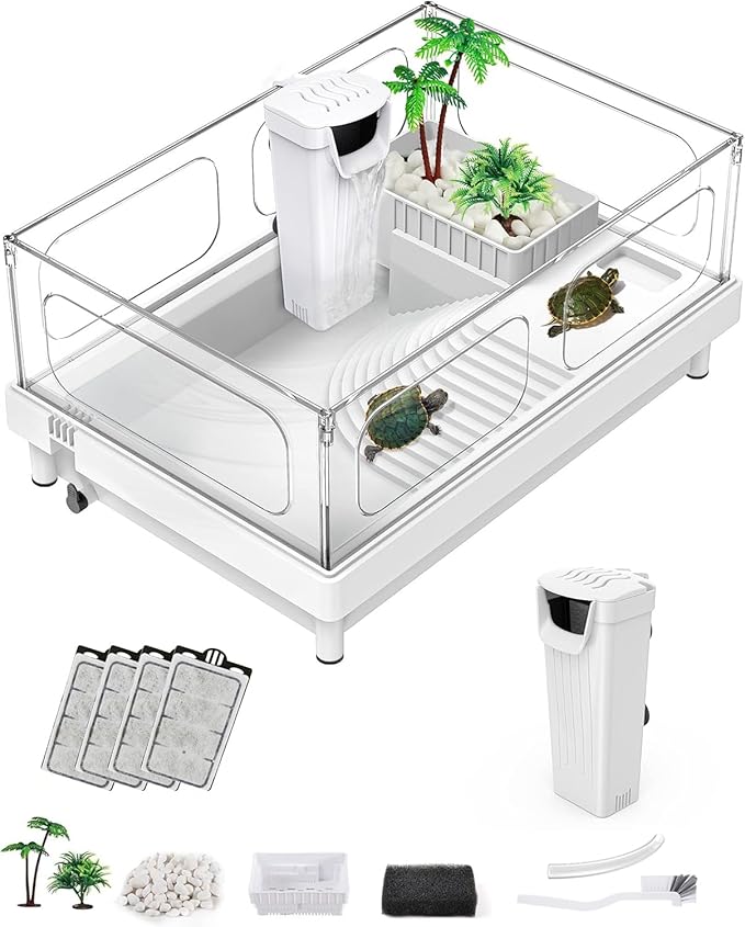 MoonOrange Small Turtle Tank with Filter, Turtle Aquarium, Acrylic Turtle Terrarium with Basking Platform, Bottom Drainage, Multi-Function Areas for Turtles, Crayfish, Small Reptiles.(Tank+Filter)