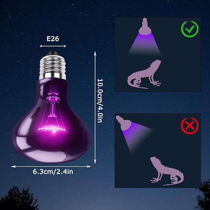 60W Reptile Night Light Bulb, Purple UVA Heat Lamp with Simulated Moonlight Effect, Night Basking Lamp for Bearded Dragons, Lizards, Snakes & Amphibians, Terrarium & Aquarium Use, 2 Pack
