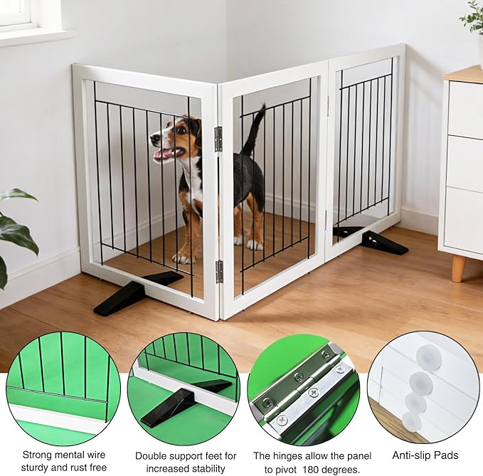 ZJSF Freestanding Dog Gate Indoor, Foldable Dog Fence for Doorways,Hallways or Stairs, Sturdy Wood Extra Wide Pet Gate with Support Feet,White,32 "Height-3 Panels