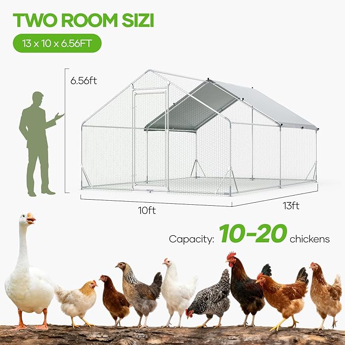 Assark Large Metal Chicken Coop,10x13 FT Walk in Chicken Runs with Cover for 20 Chickens,Hen House Enclosure with Security Lock, Outdoor Duck Rabbit Cage Poultry Pens for Backyard,Farm,Yard