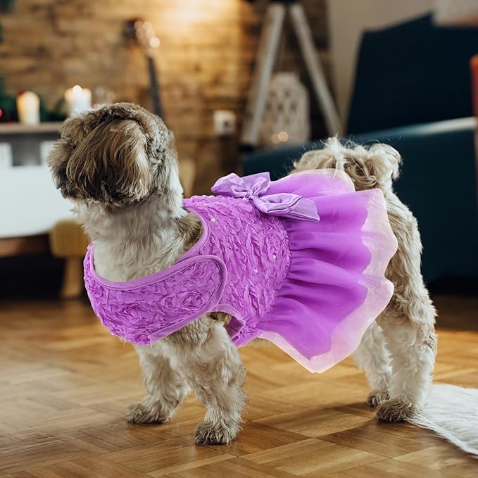 ASENKU Dog Dress Pet Wedding Dress Princess Lace Puppy Birthday Party Outfit Formal Apparel Girl for Small Medium Dogs Cats (Large, Purple)