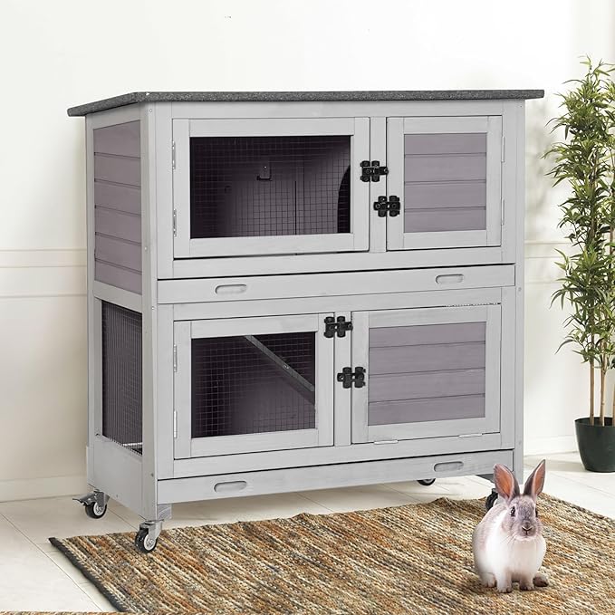 Gutinneen 2-Story Rabbit Hutch with Chew-Proof Ramp, 36" Indoor/Outdoor Rabbit Cage with 4 Casters & 2 Pull-Out Trays, Wooden Bunny Hutch Leakproof Small Animal Cage for Rabbits, Guinea Pigs