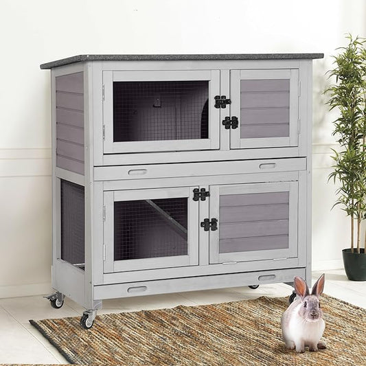Gutinneen 2-Story Rabbit Hutch with Chew-Proof Ramp, 36" Indoor/Outdoor Rabbit Cage with 4 Casters & 2 Pull-Out Trays, Wooden Bunny Hutch Leakproof Small Animal Cage for Rabbits, Guinea Pigs