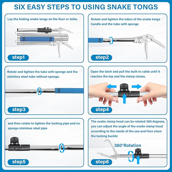 Snake Grabber Tool, 69" Snake Tongs Grabber for Rattlesnake Heavy Duty Professional Folding Snake Feeding Tongs Wide Jaw Snake Handling Tool Long Hndle Stainless Steel Tube Sponge Handle