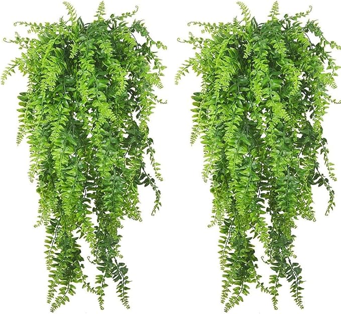 PINVNBY Reptile Plants Hanging Fake Vines Boston Climbing Terrarium Plant with Suction Cup for Bearded Dragons Lizards Crested Gecko Snake Hermit Crab and Tank Habitat Decorations (2 Pack)