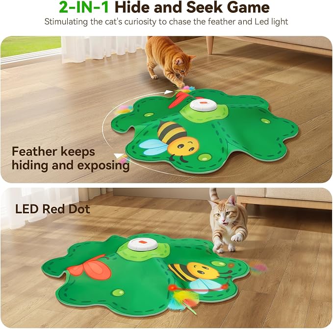 FEELNEEDY Rechargeable Cat Toys, 2 in 1 Hide and Seek Game Interactive Cat Toy, Movable LED Red Dot, Concealed Feathers, Durable Exercise Toys for Indoor Cats, Bored Adult Cats Wand Toy, Green - Image 2