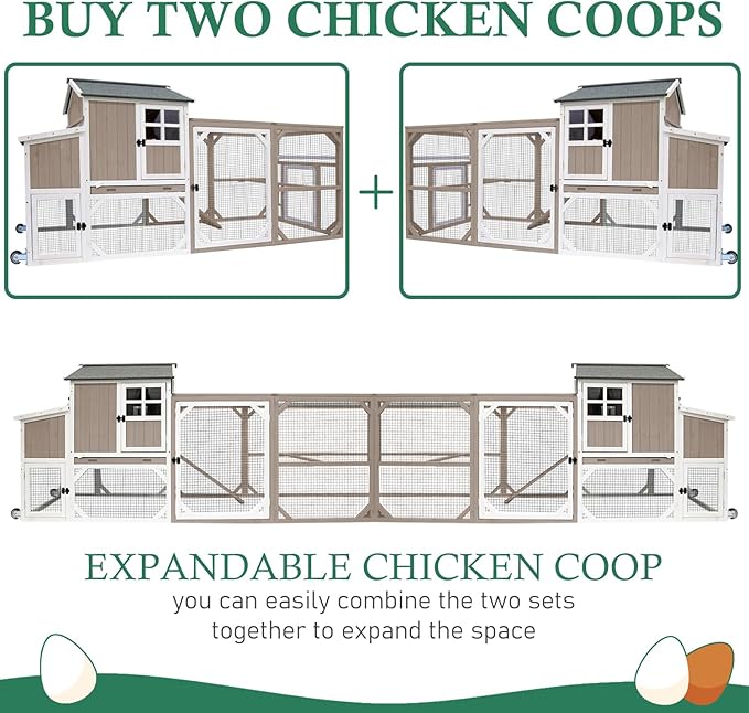Large Chicken Coop with Run & Wheels, Portable Outdoor Hen House for 3-6 Chickens, 3 Nesting Boxes, Quail Hutch & Poultry Cage, Removable Tray & Ramp (95.3" L Grey)