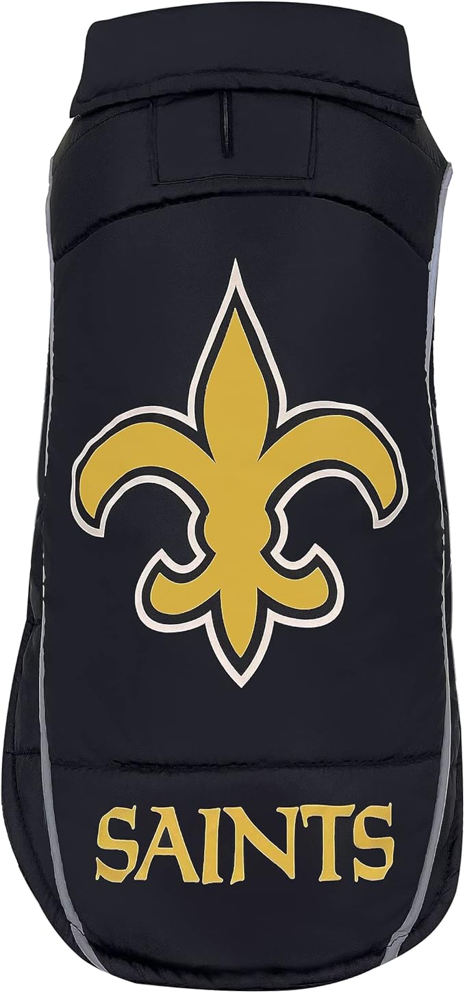 NFL New Orleans Saints Puffer Vest for Dogs & Cats, Size Medium. Warm, Cozy, and Waterproof Dog Coat, for Small and Large Dogs/Cats. Best NFL Licensed PET Warming Sports Jacket