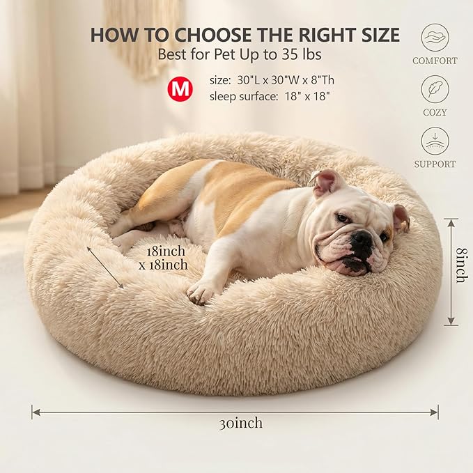 Calming Dog Bed for Medium Dogs Washable Donut 30 inches Anti-Slip Pet Bed,Round Fluffy Plush Faux Fur Cat Bed,Fits up to 45 lbs Pets,Beige