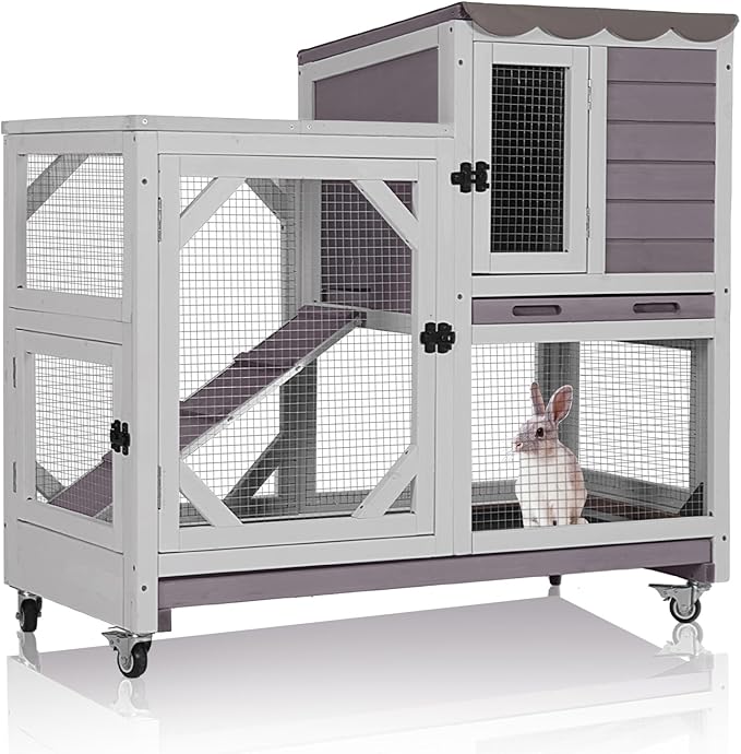 GUTINNEEN 2-Story Rabbit Hutch Indoor with Chew-Proof Design & Slide-Out Trays - Wooden Small Animal Cage Guinea Pig Cages with Lockable Wheels for 2-3 Rabbits, Bunnies, Guinea Pigs (Grey)