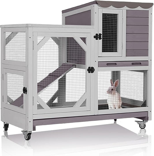 GUTINNEEN 2-Story Rabbit Hutch Indoor with Chew-Proof Design & Slide-Out Trays - Wooden Small Animal Cage Guinea Pig Cages with Lockable Wheels for 2-3 Rabbits, Bunnies, Guinea Pigs (Grey)