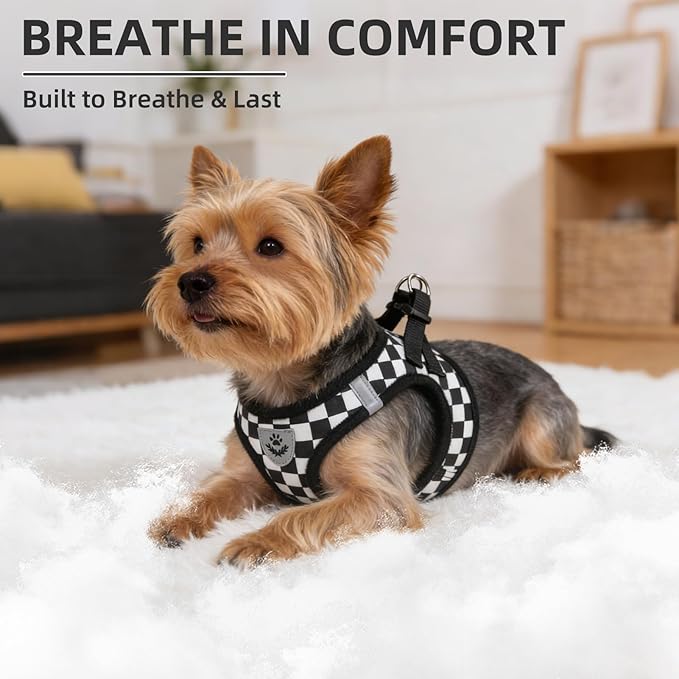 PUPTECK Adjustable Dog Harness Collar and Leash Set Step in No Pull Pet Harness for Small Medium Dogs Puppy and Cats Outdoor Walking Running, Checkered Black&White L