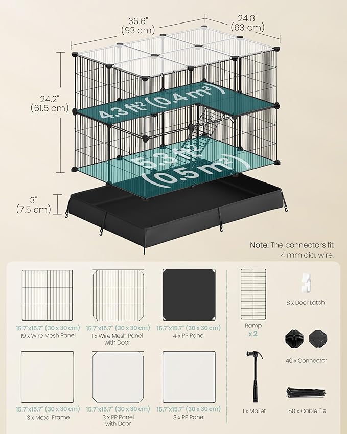 SONGMICS 2-Tier Guinea Pig Cage, Rabbit Cage, Small Animal Playpen with Waterproof Mat, Top and Side Door, 35 Panels, 36.6 x 24.8 x 24.2 Inches, Ink Black ULPI016BH01