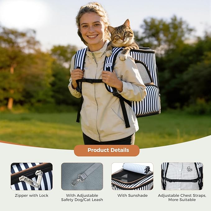 Lekereise Pet Carrier Backpack Expandable Cat Backpack for Small Dogs Cats, Dog Backpack Bag with Breathable Mesh and Inner Safety Leash, Striped