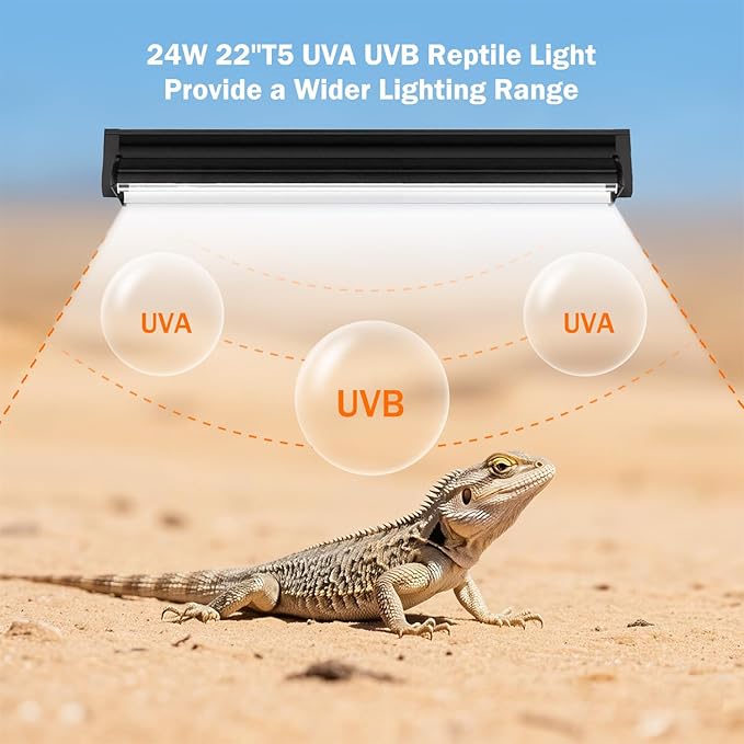 T5 10.0 UVB Reptile Light Bulb 24W, 2-Pack 22 Inch UVB/UVA Lamp Tube for Bearded Dragon, Lizards, Chameleons