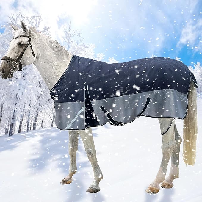 300g Fill 1200D Mid-Heavy Weight Winter Waterproof and Breathable Horse Blanket Belly Straps| Turnout Blankets with Reflective Strips (Black/Gray, 69'')