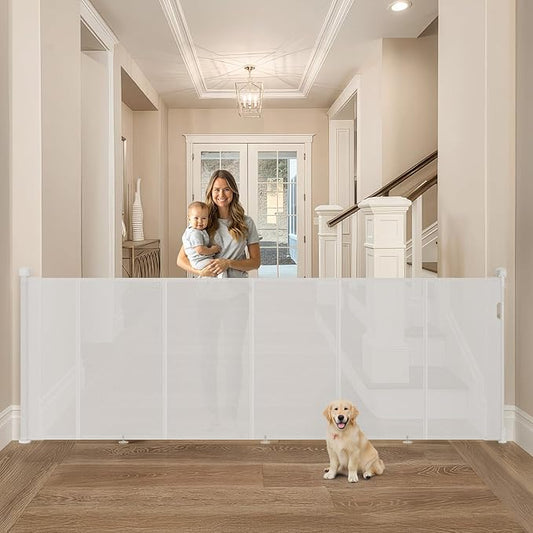 Upgrade Retractable Baby Gates Extra Wide(120" W x 42" H), 120 inch Reinforced Retractable Dog Gate to Prevent Crawling Through, Retractable Gate Outdoor/Indoor, Real One-Handed Operation, White
