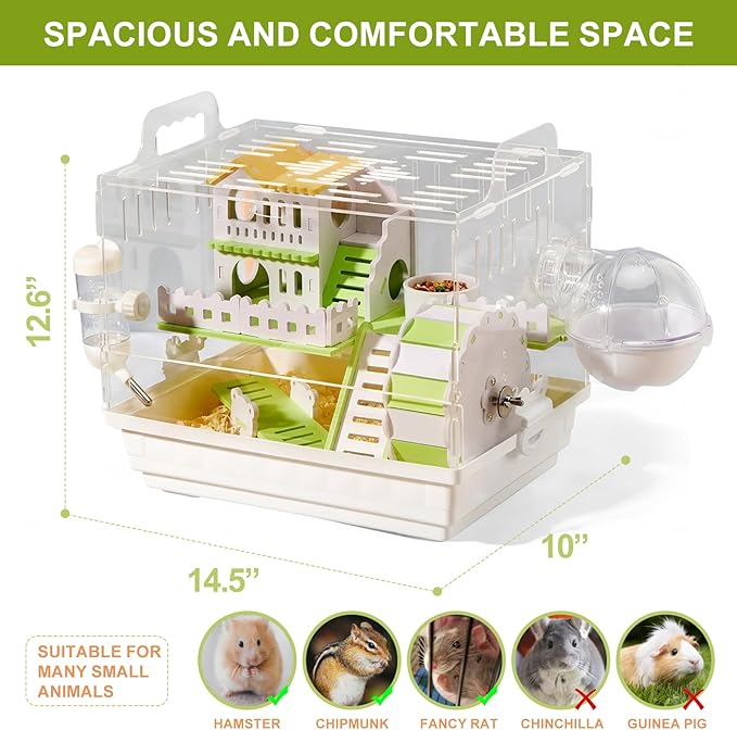 Loungewave Acrylic Hamster Cage, 2-Tier Gerbil Cage with Wooden Wheel, Small Dwarf Hamster Cage Habitat, Garden Mouse Cage for Pet Mice, Clear View Inside Easy to Clean, Green