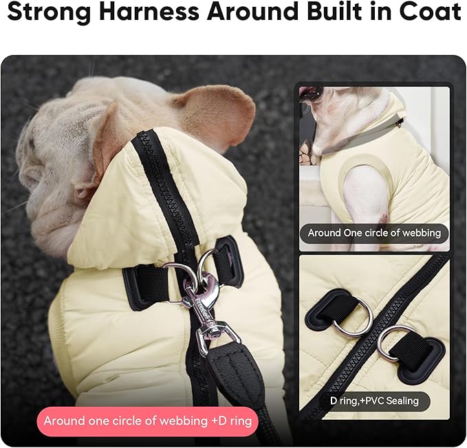 Vecomfy Fleece Lining Dog Hoodie with Harness Built in,Extra Warm Large Dog Jacket in Winter Doggie Coats with Hooded,Light Yellow XXL