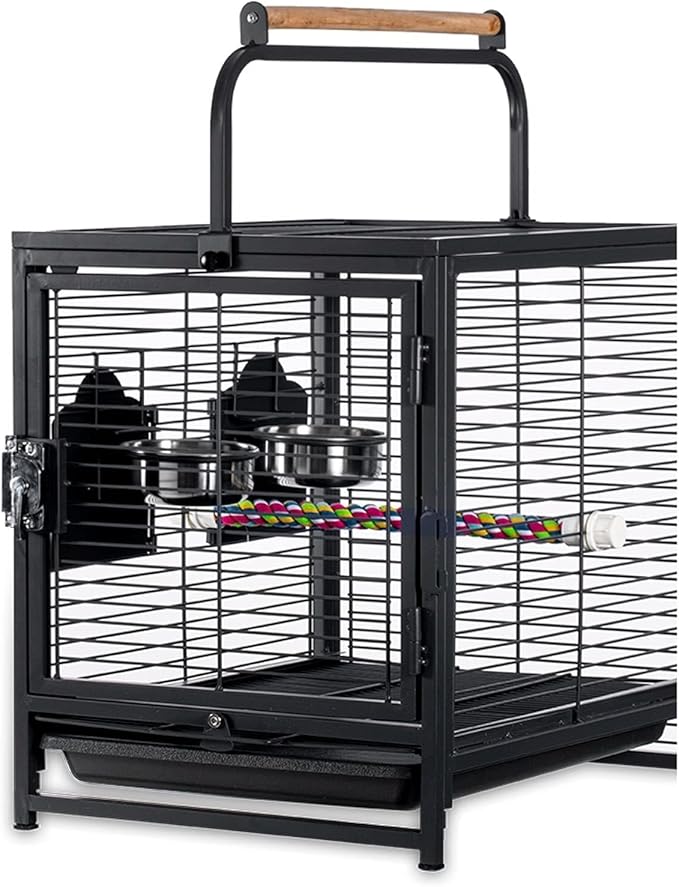 Portable Bird Carrier for Parrots - Lightweight Metal Travel Cage with Feeding Cups, Breathable Design, and Slide-Out Tray for Indoor & Outdoor Use