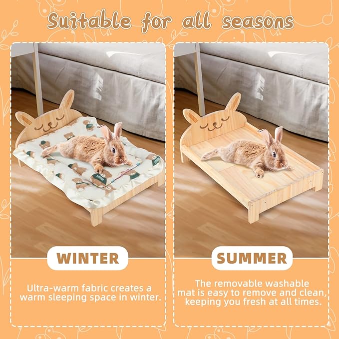 BWOGUE Large Wooden Bunny Bed, 2 in 1 Folding Wooden Pet Bed with Reversible Cushion & Pillow, Easy to Assemble Small Animals Beds for Bunnies Rabbits Guinea Pigs Puppy Kittens Sleeping Habitat