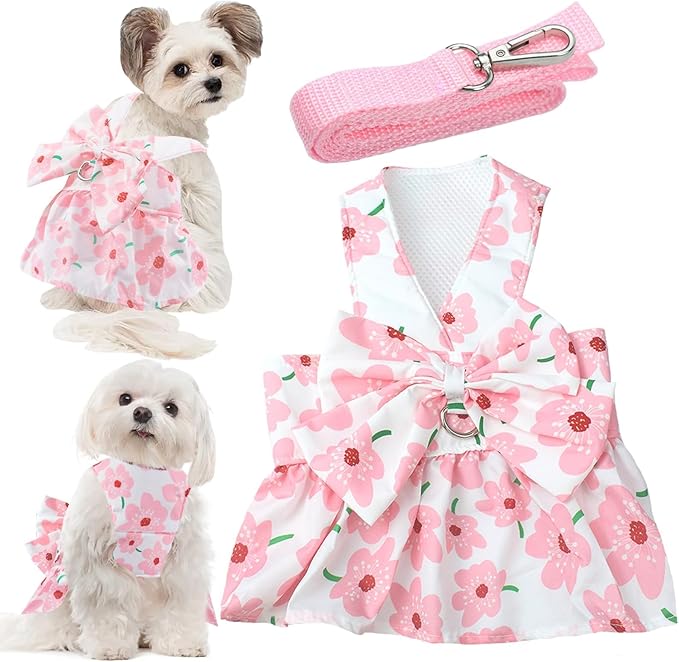 Dog Dress Bowknot Harness Leash Set for Small Girl Dogs Pink Floral Dog Cat Clothes Cute Puppy Outfits Pet Clothes Spring Summer Breathable Dresses(X-Samll)