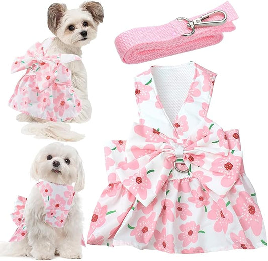 Dog Dress Bowknot Harness Leash Set for Small Girl Dogs Pink Floral Dog Cat Clothes Cute Puppy Outfits Pet Clothes Spring Summer Breathable Dresses(X-Samll)
