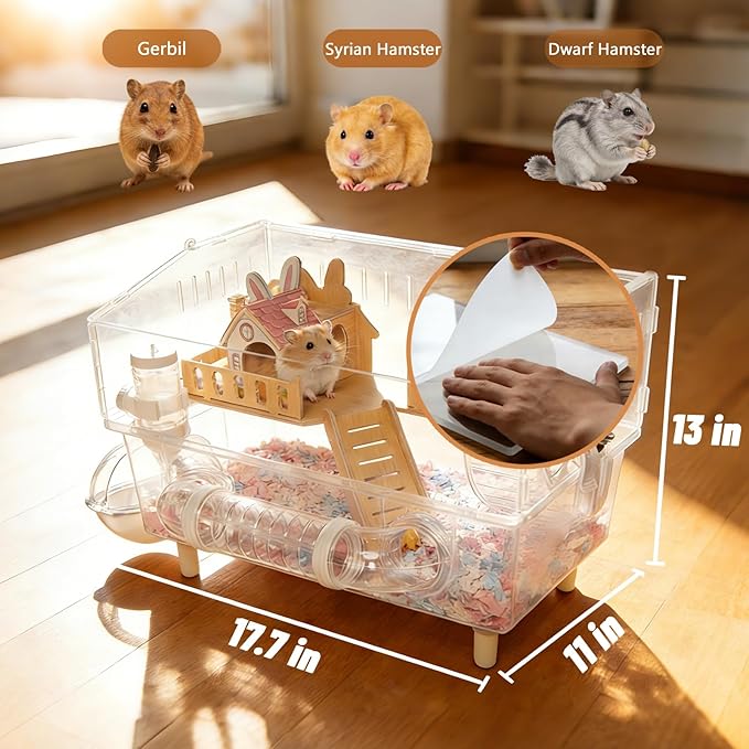 9-in-1 Acrylic Hamster Cage - Clear Pet Cage with 360° Transparent Viewing, Double Layer Chew-Proof Mice Enclosure with Crawling tunnel for Dwarf Syrian Gerbils, 18*13*12in (Wooden Cottage)
