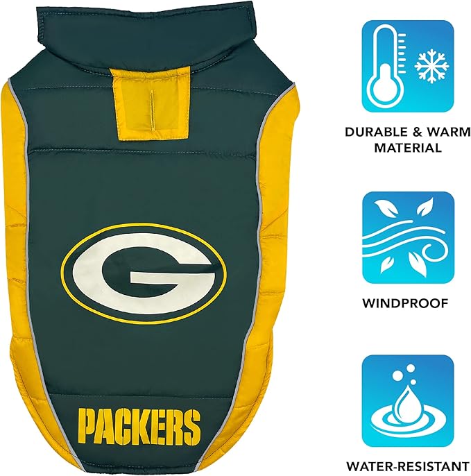 NFL Green Bay Packers Puffer Vest for Dogs & Cats, Size Small. Warm, Cozy, and Waterproof Dog Coat, for Small and Large Dogs/Cats. Best NFL Licensed PET Warming Sports Jacket