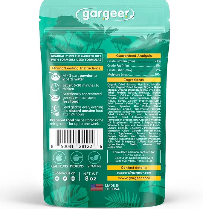 Gargeer 8oz Complete Crested Gecko Food Diet. Premium Ingredients Mix, Ready to Use Freshly Made Powder. Unique Superfood Formula, Developed & Made in The USA. Enjoy!