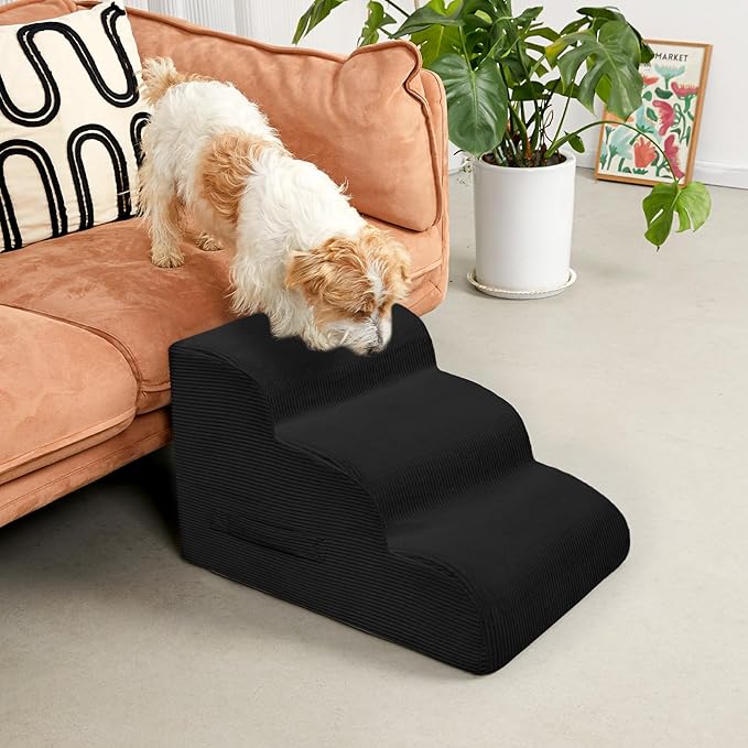 Mesa Lemon Dog Steps for Small Dogs, 3-Step Pet Ramp Stairs for High Beds and Sofa, Non-Slip Pet Stairs for Small Dogs and Cats, Removable and Easy to Clean Cover, Black