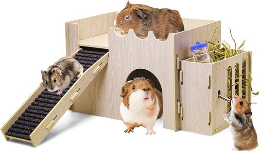 PINVNBY Large Wooden Guinea Pig Hideout with Water and Hay Feeder Ramp Easy to Assemble Wood Bunny Castle Hamster House for Small Animal Chinchilla Rat Rabbit Bunny Hedgehog