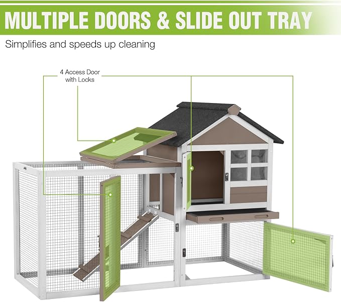 GUTINNEEN 51.6" Large Rabbit Hutch with Chew-Proof Ramp, Small Chicken Coop with Run for Outdoor, Indoor Bunny Cage Guinea Pig House with Leak-Proof Tray (Brown)
