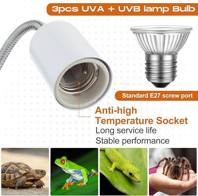 3 Set Reptile Heat Lamp UVA/UVB Turtle Heat Lamp Holder Fixture Clamp Basking Spot Adjustable 50w Full Spectrum Sun Sunbathe Bulb for Turtle Lizard Bearded Dragon Snake Aquarium Amphibian(White)