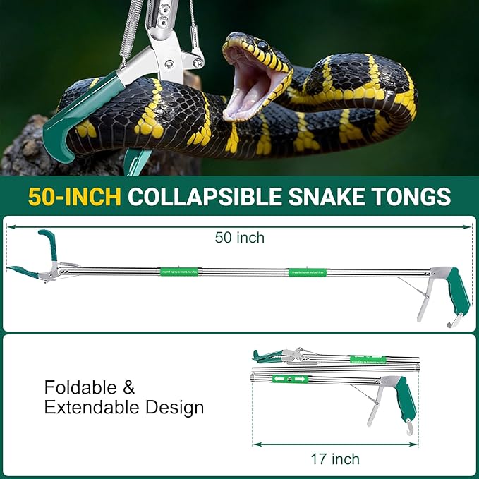Snake Collapsible Grabber Tool, 50" Snake Tongs Stick Professional Extra Heavy Duty Reptile Catcher Grabber Wide Jaw Handling Tool with Lock, Non-Slip Grip for Safe Snake Handling Rattlesnake Catching