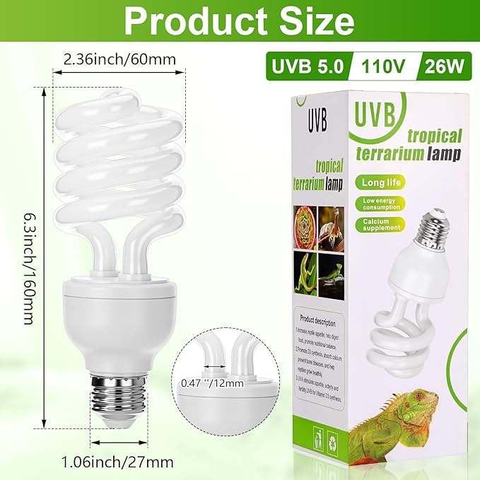 Reginary 4 Pcs UVB Reptile Light 5.0 26W Tropical and Sub-Tropical UVA UVB Bulb Compact Fluorescent Lamp Tropical Terrarium Lamp for Chameleons, Lizards, Tortoises, Snakes, Iguanas & Turtles